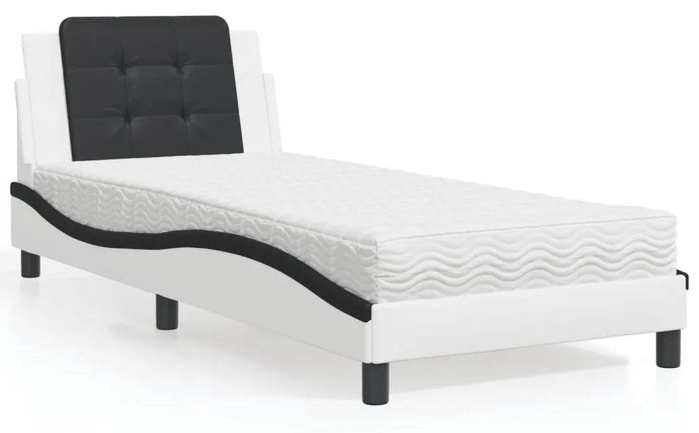 Cama com colchão 90x190 cm couro artificial preto e branco