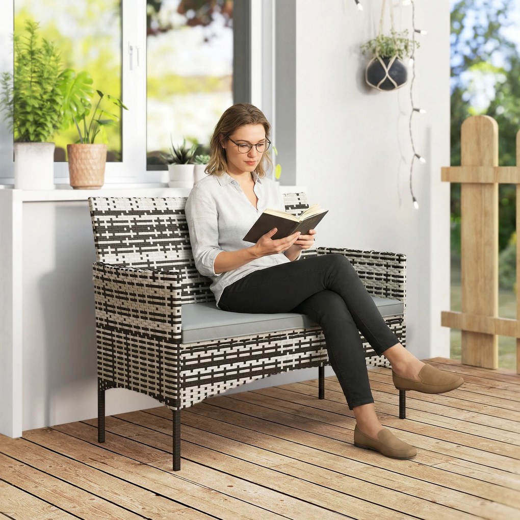 Sofá de jardim de 2 lugares em resina trançada com almofadas 115 x 63 x 85 cm, sofá de exterior com braços cinzento mesclado