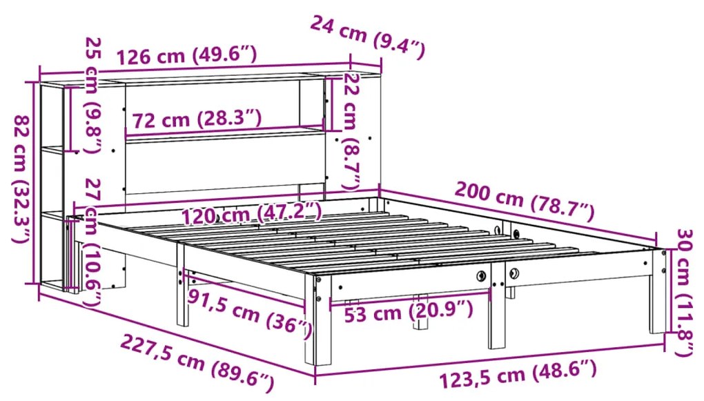 Cama c/ estante sem colchão 120x200cm pinho maciço castanho-mel