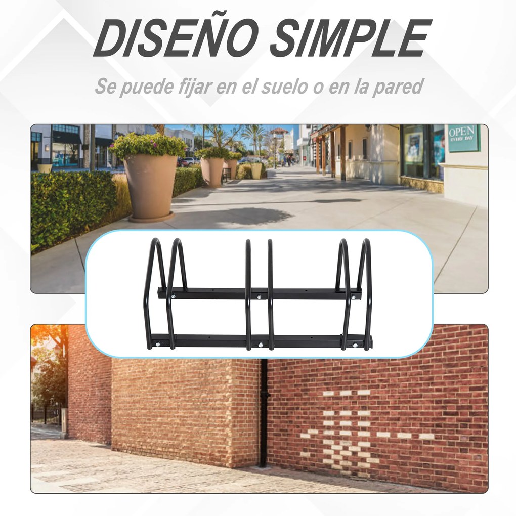 HOMCOM Estacionamento para 3 Bicicletas Suporte de Aço para Estacionar Bicicletas no chão para Interior e Exterior 70,5x33x27cm Preto