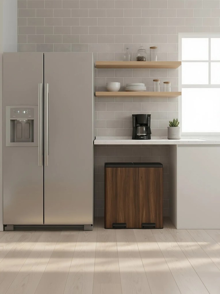 Caixote do lixo 58,5 x 32 x 65 cm de 60 L com  2 compartimentos, caixotes interiores removíveis com pedal castanho