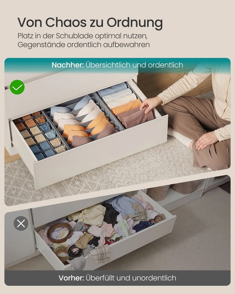 Conjunto de 3 organizadores dobráveis para gavetas, 19/32 x 40 x 10 cm, Cinzento