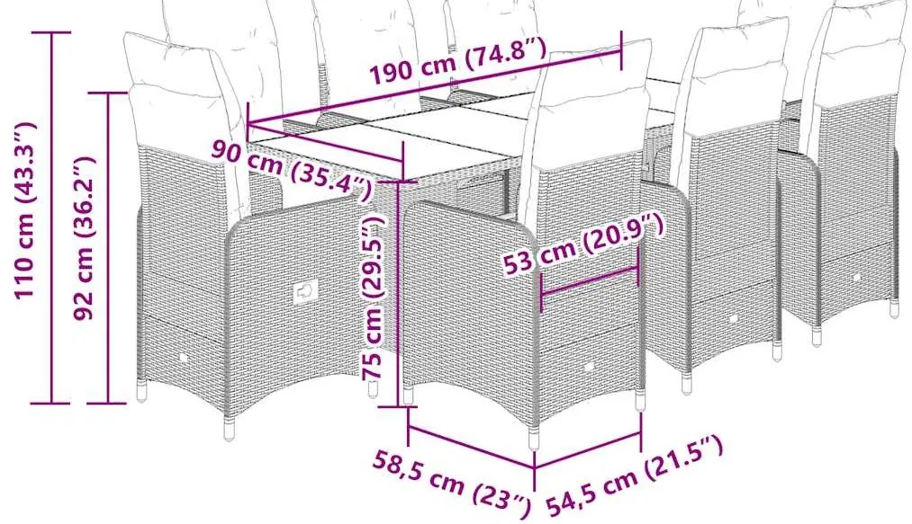 9 pcs conjunto de bistrô para jardim c/ almofadões vime PE bege