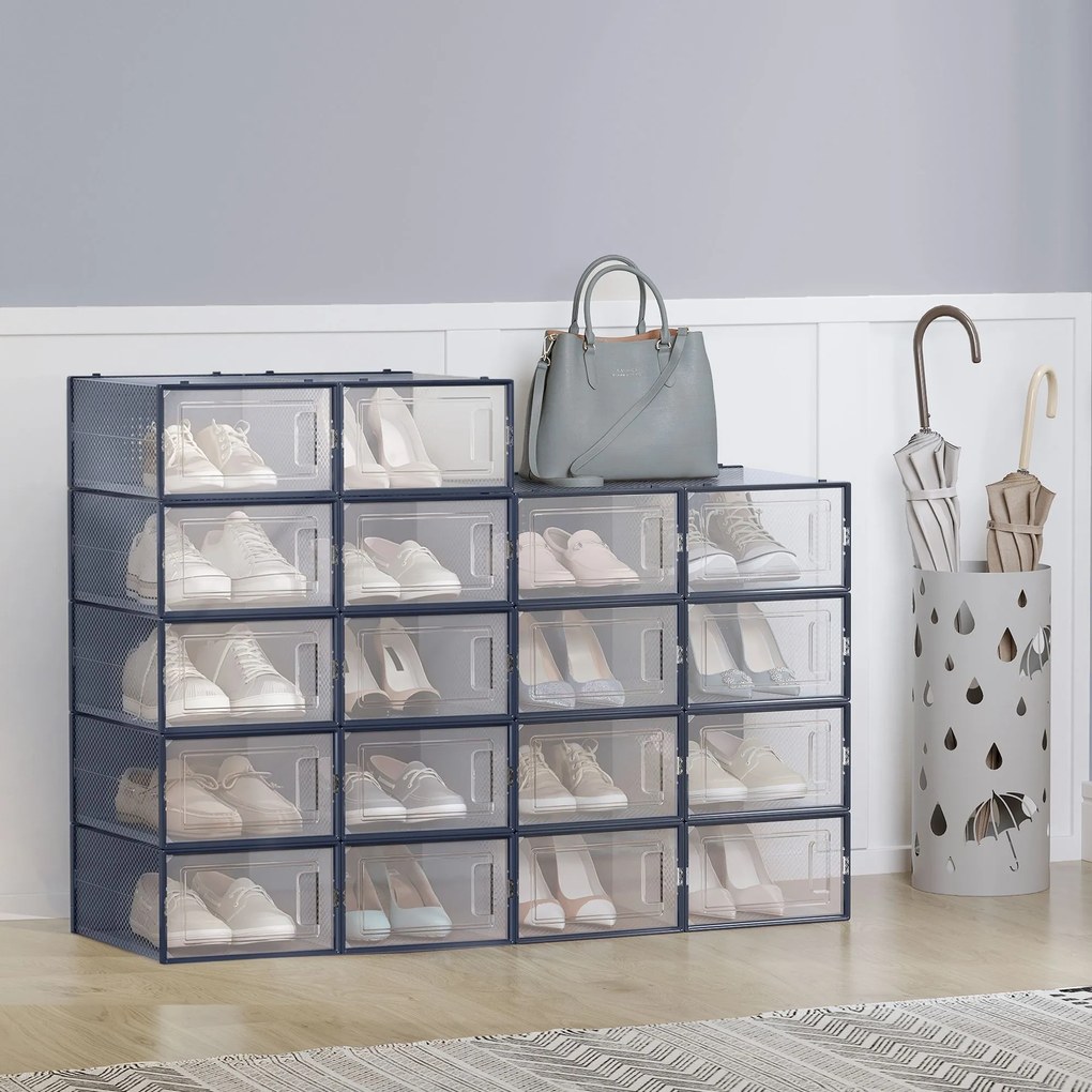 Conjunto de 18 caixas para sapatos em plástico 33,5 x 23,2 x 14,3 cm azul + transparente