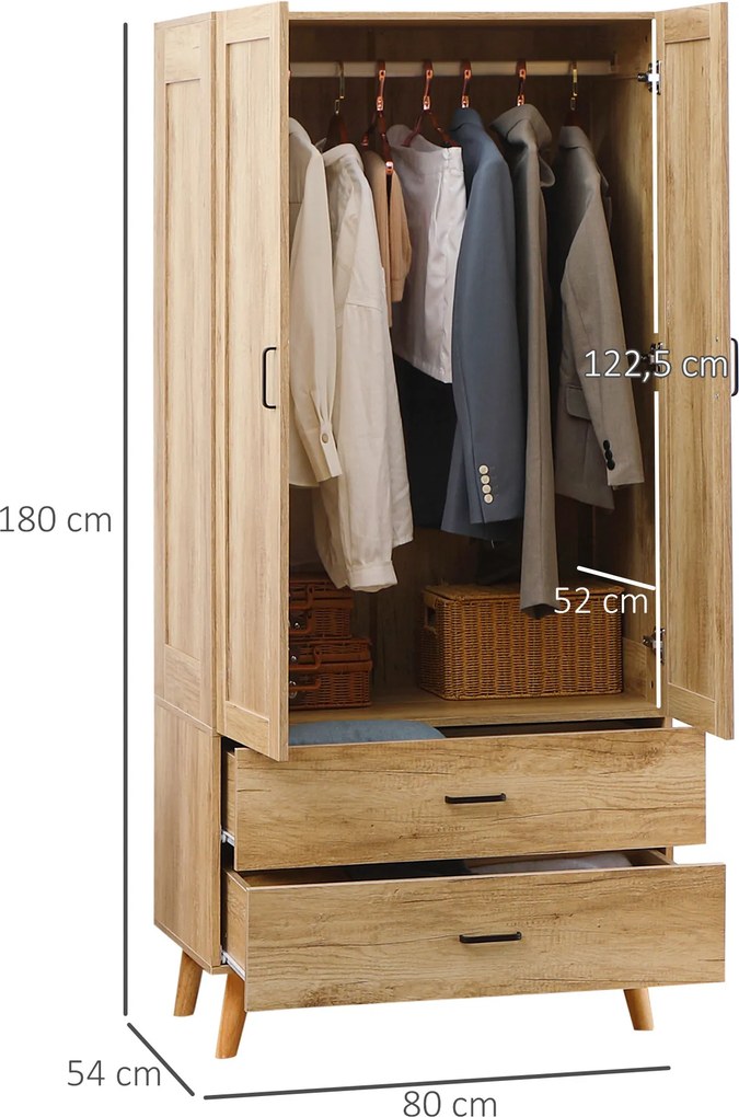 Guarda roupa e arrumação com 2 portas e 2 gavetas, com varão - 80 x 54 x 180 cm cor natural
