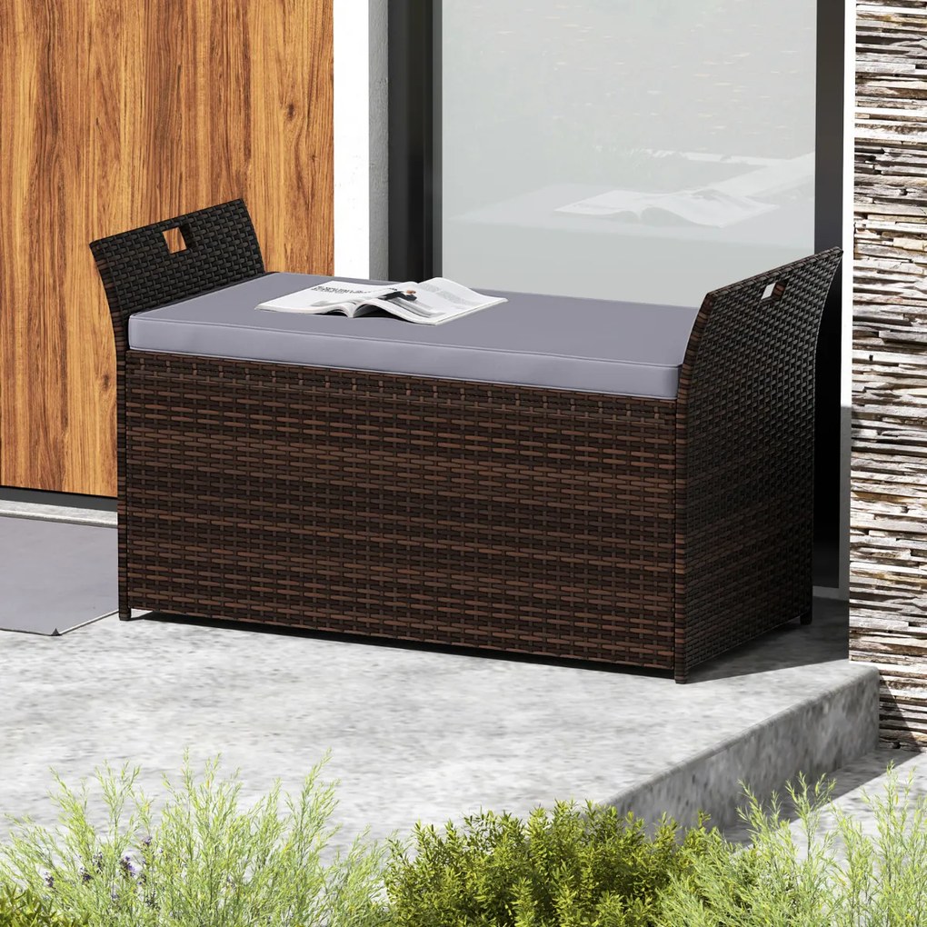 Banco jardim com arrumação para exterior com almofada de rattan PE e pegas laterais para 2 pessoas Caixa de piscina Terraço Jardim Castanho Rústico +