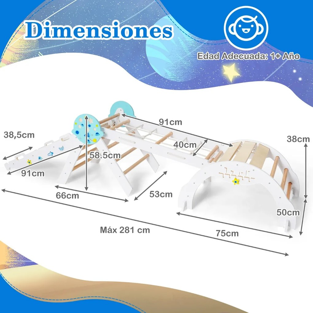 Conjunto Triângulo dobráveis para escalada Bebés 8 em 1 Montessori de escalada em madeira com tema de astronauta Branco