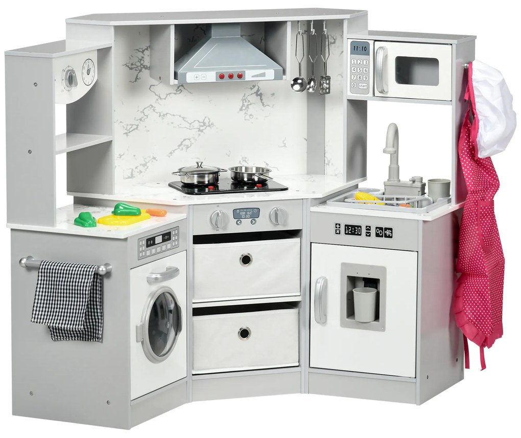 AIYAPLAY Cozinha infantil em madeira com 17 acessórios legumes de plástico botões e luzes touca 3-6 anos cinza branco | Aosom Portugal