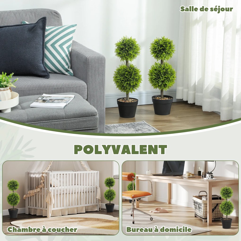 Conjunto de 2 plantas artificiais decorativas, bolas de buxo artificial de 60 cm com vaso, em plástico, verde