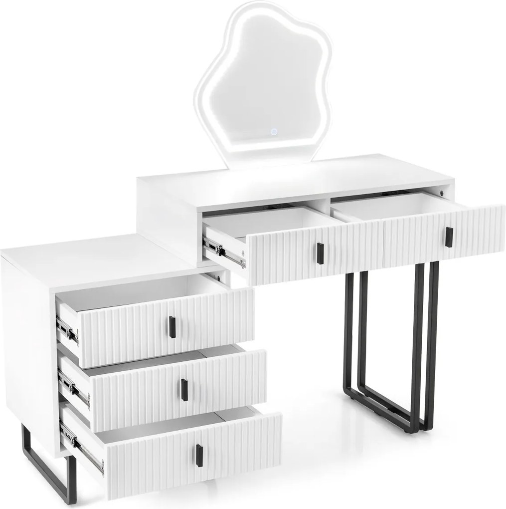 Toucador com espelho 120 x 40 x 124 cm e luzes 3 luzes ajustáveis 5 gavetas Bancada lateral Acabamento canelado e pernas metálicas Branco