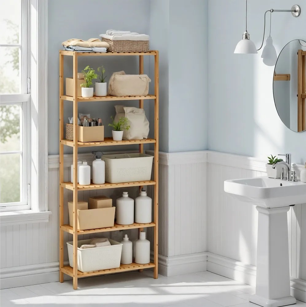 Estante casa banho em bambu com 6 prateleiras 26 x 60 x 160,9 cm Bege