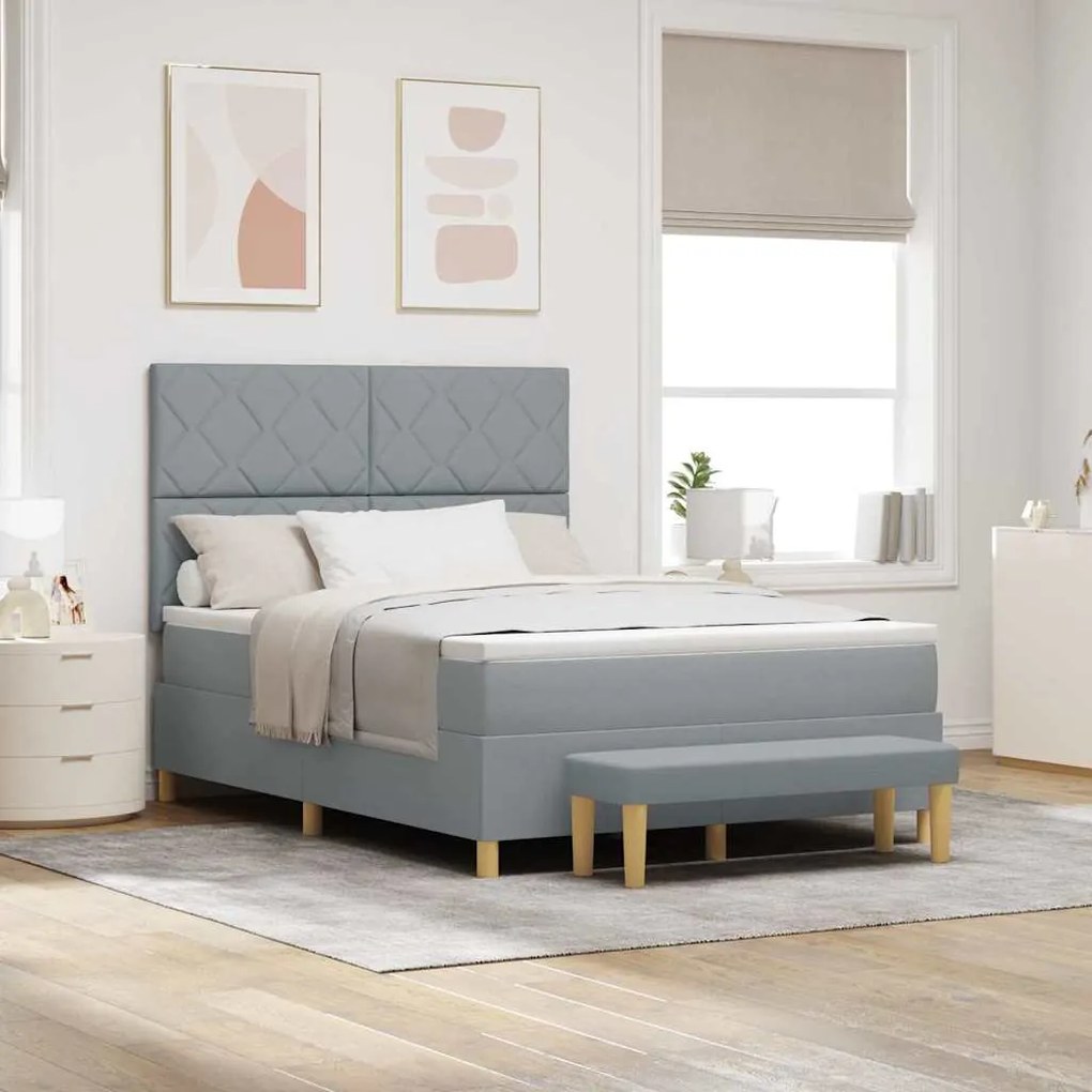 Cama Box com Colchão e Banco Cinza Claro 140x200 cm Tecido