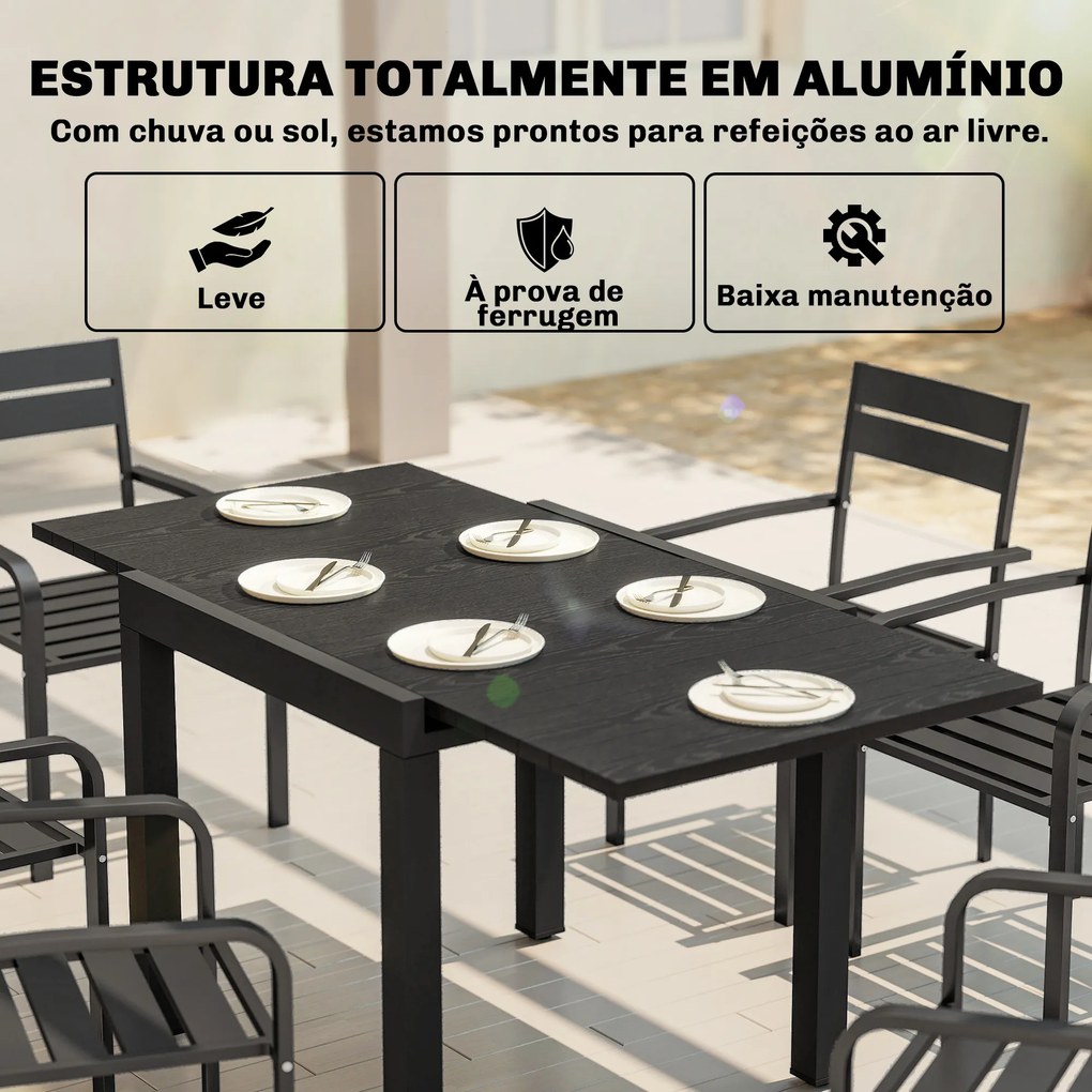 Mesa de Jantar Exterior Extensível 80/160 cm para 4-6 Pessoas de Alumínio com Tampo de Ripas Efeito Madeira Preto