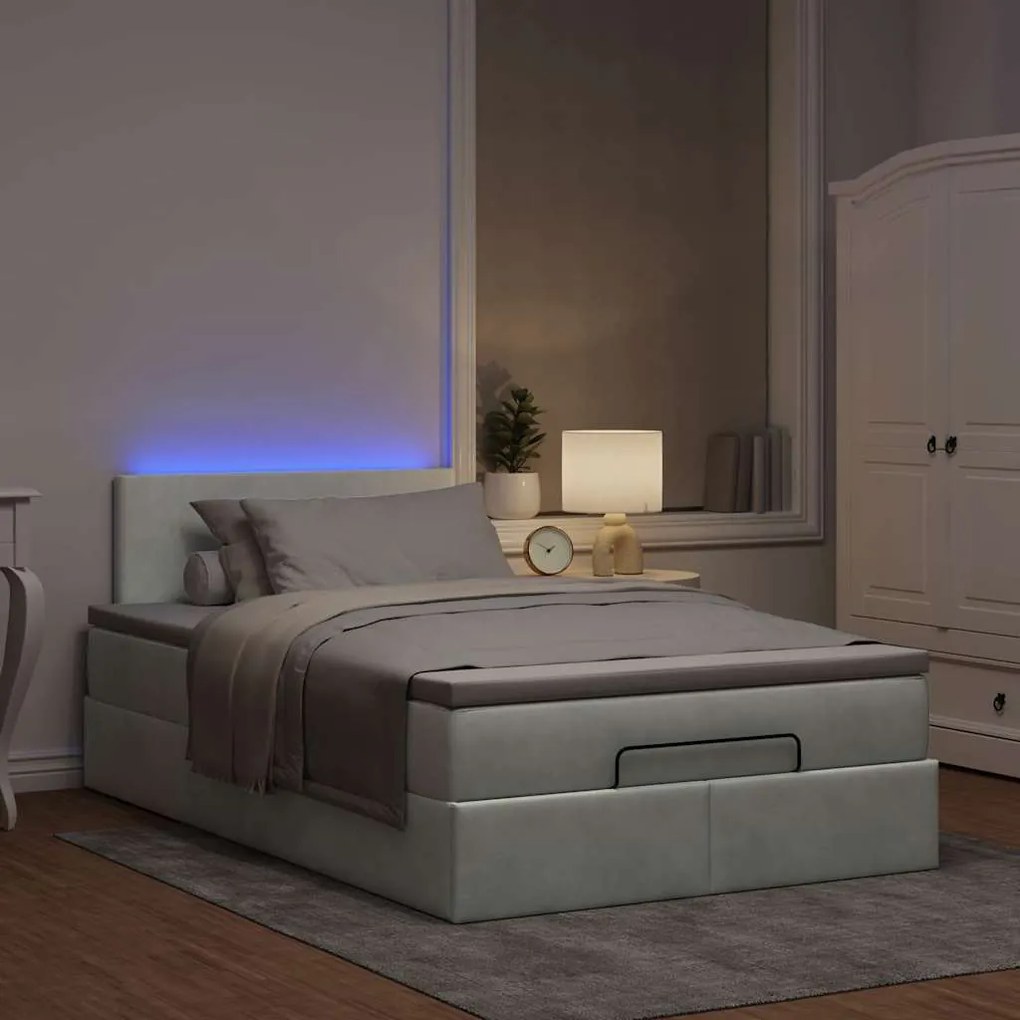 Cama otomana com colchão &amp; LEDs 120x190cm veludo cinza-claro