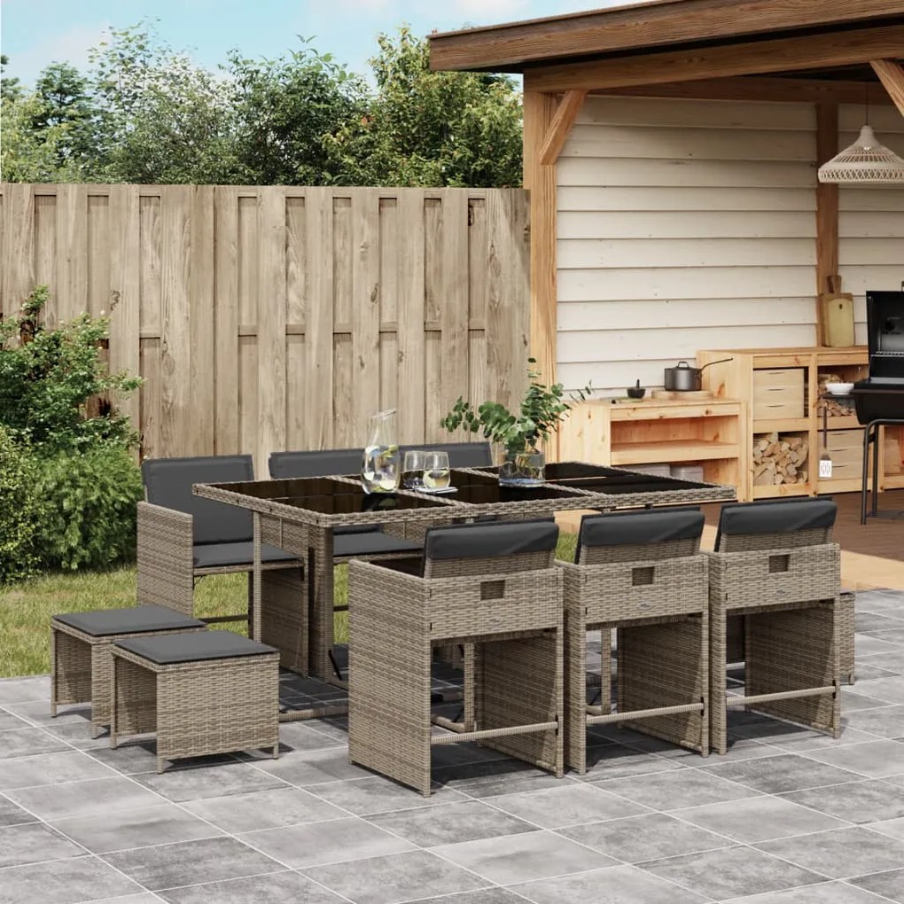 vidaXL 11 pcs conjunto jantar p/ jardim c/ almofadões vime PE cinzento