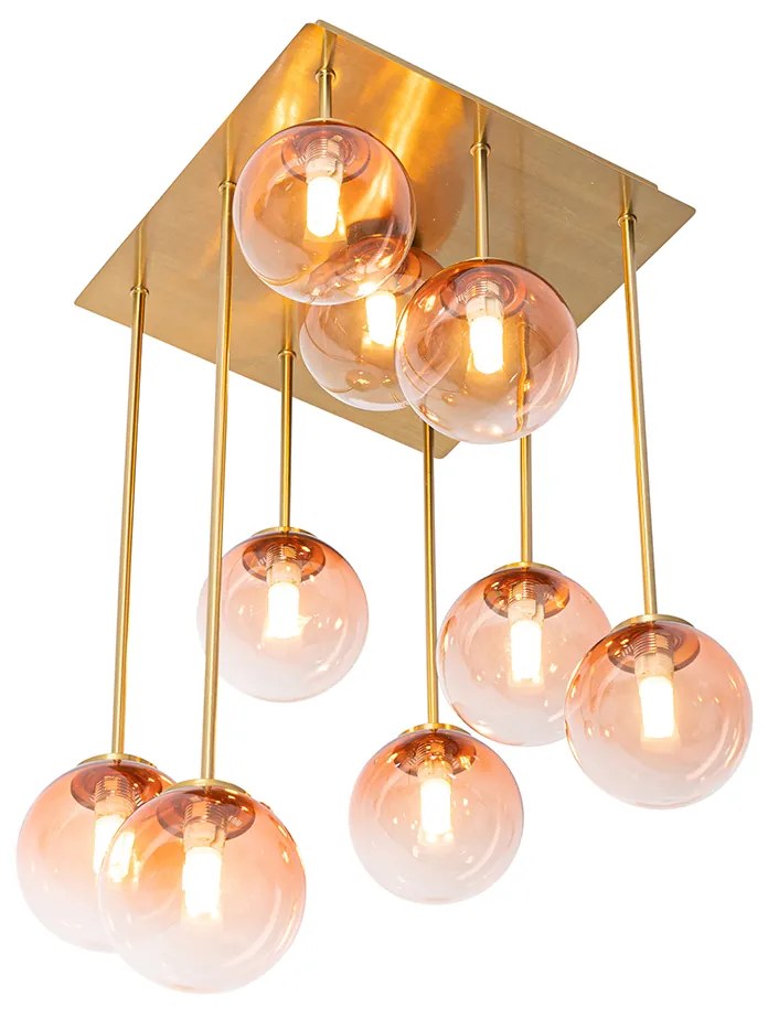 Candeeiro de teto Art Deco dourado com vidro rosa 9 luzes - Athens Art Deco