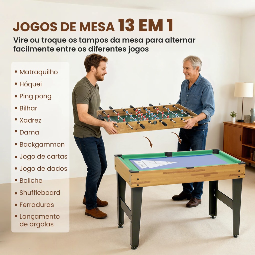 Mesa Multijogos 13 em 1 Mesa de Jogo com Matraquilho Bilhar Ping-Pong Hóquei Xadrez Damas Backgammon e Acessórios 121x109x80 cm Madeira e Preto