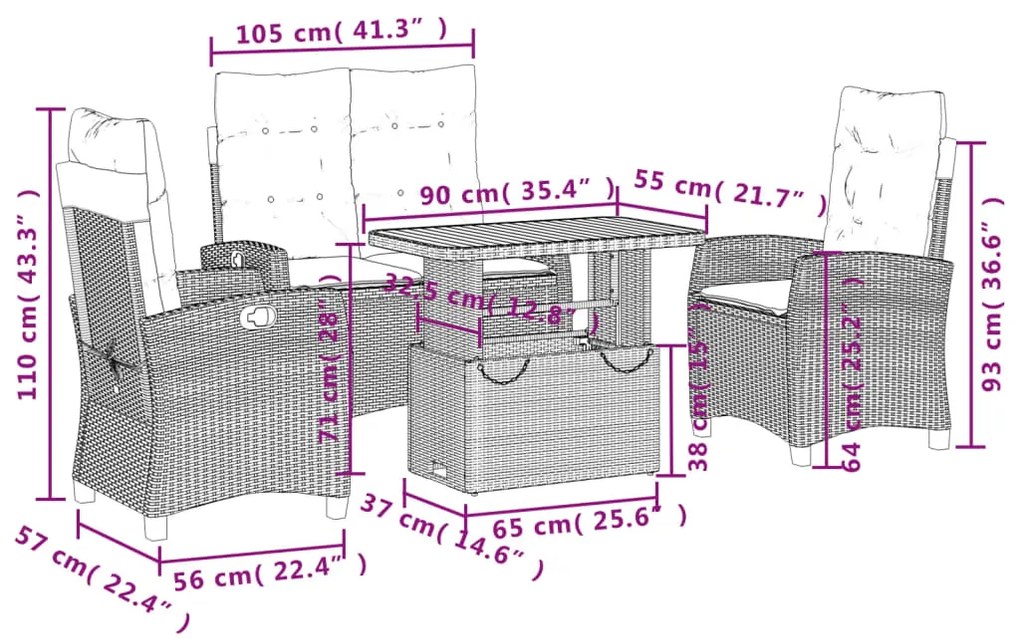 4 pcs conjunto de jantar p/ jardim c/ almofadões vime PE bege