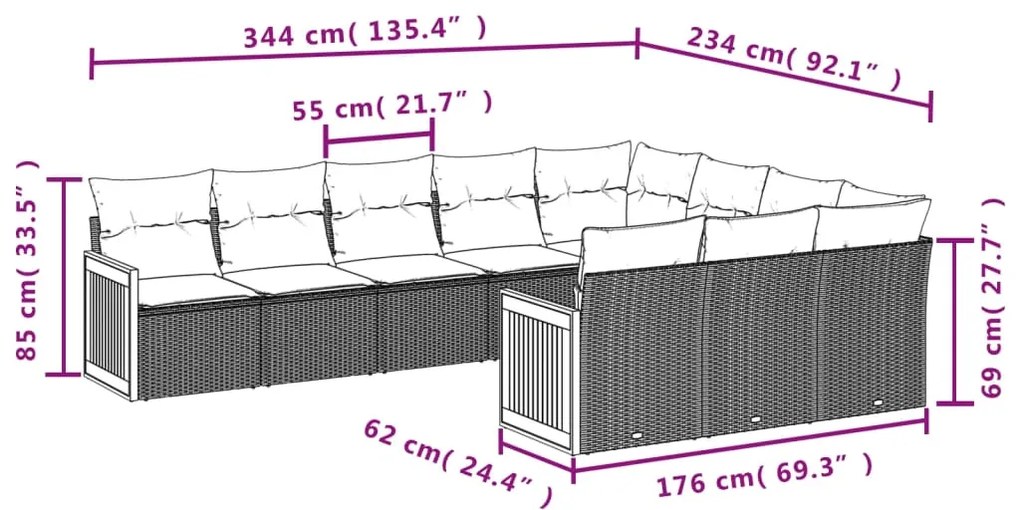 10 pcs conjunto de sofás p/ jardim com almofadões vime PE bege