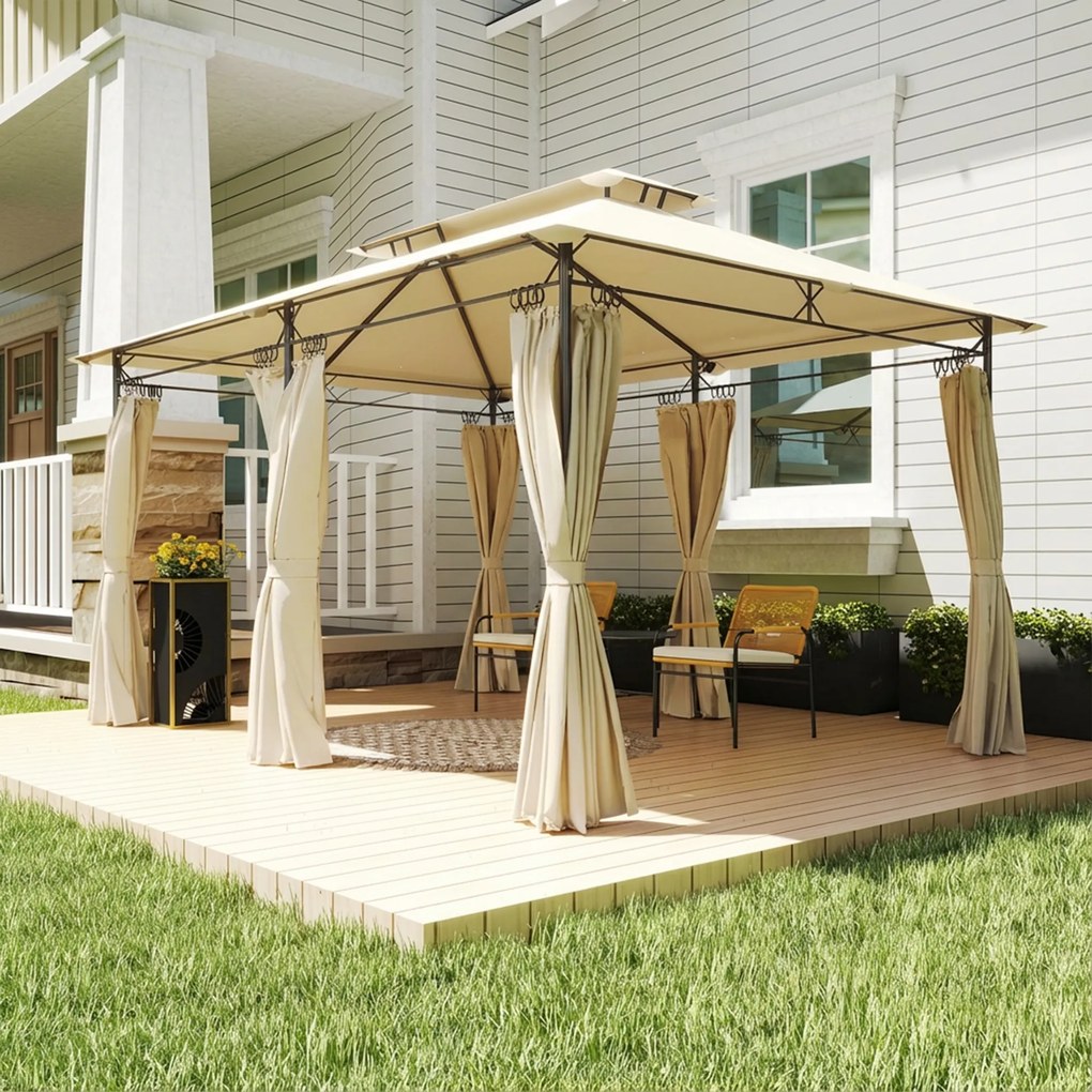 Pérgola de Jardim 397x297x265 cm Pérgola de Exterior com Teto Duplo Paredes Laterais Resistente a Água Bege
