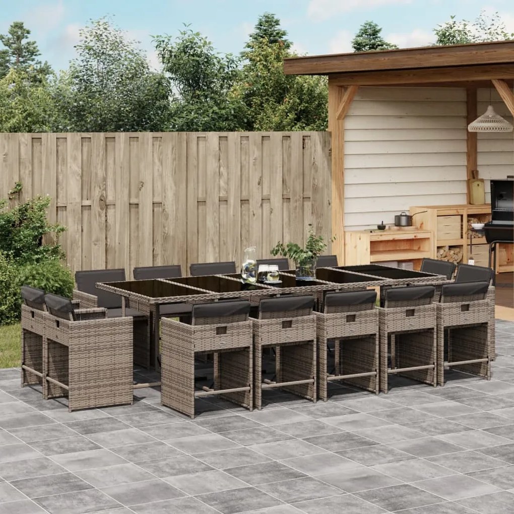 vidaXL 15 pcs conjunto jantar p/ jardim c/ almofadões vime PE cinzento
