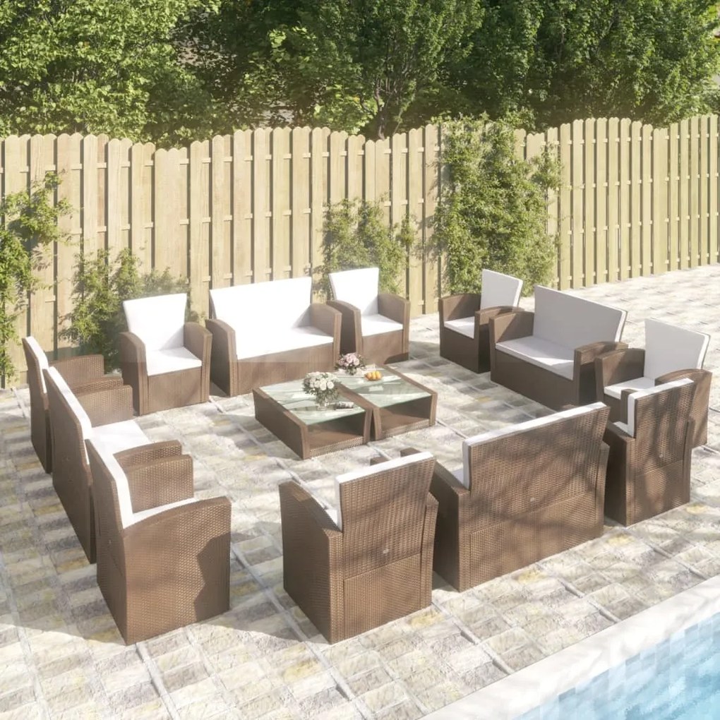 vidaXL 16 pcs conjunto lounge jardim c/ almofadões vime PE castanho