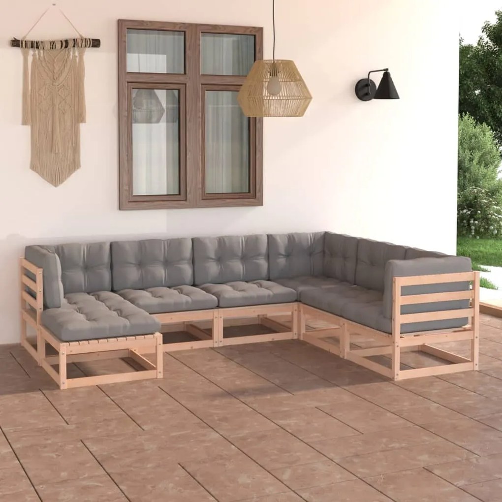 7 pcs conjunto lounge de jardim c/ almofadões pinho maciço