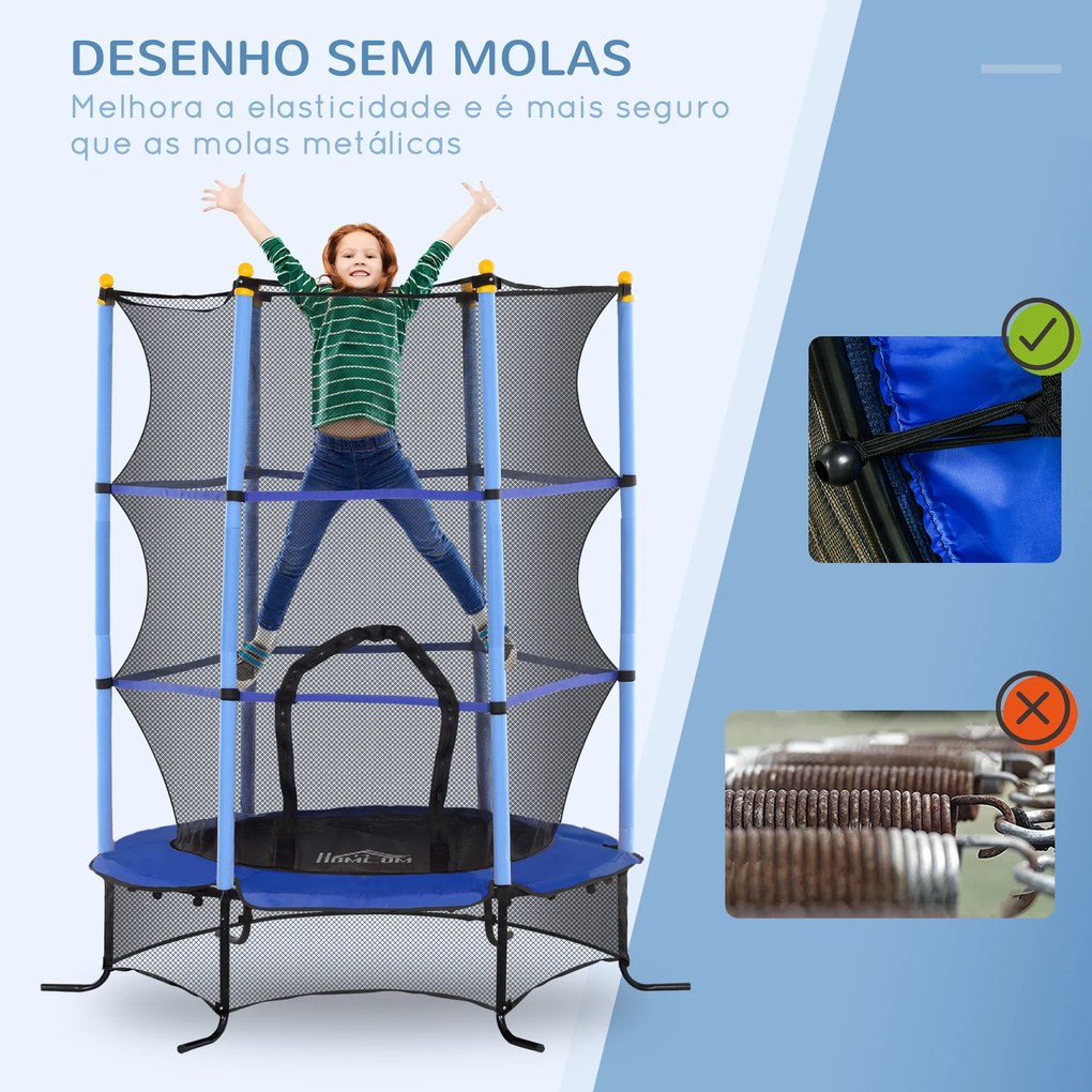 Trampolim para Crianças com Rede de Segurança e Estrutura de Aço para Interiores e Exteriores Carga 50 kg Ø163x190 cm Azul