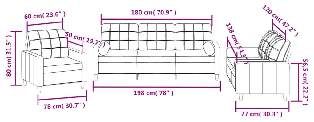 3 pcs conjunto de sofás com almofadas tecido cinzento-escuro