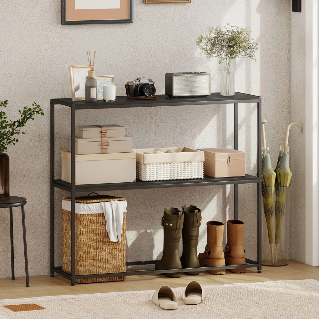Mesa consola em aço com 2 prateleiras 100 x 30 x 87 cm, design moderno, para sala de estar, hall de entrada ou corredor preta