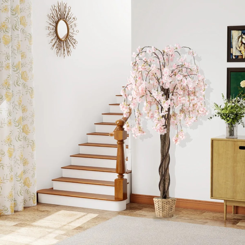 Árvore de Cerejeira Artificial de 163 cm com flores em tons degradés e tronco de madeira, vaso de cimento para interior branco