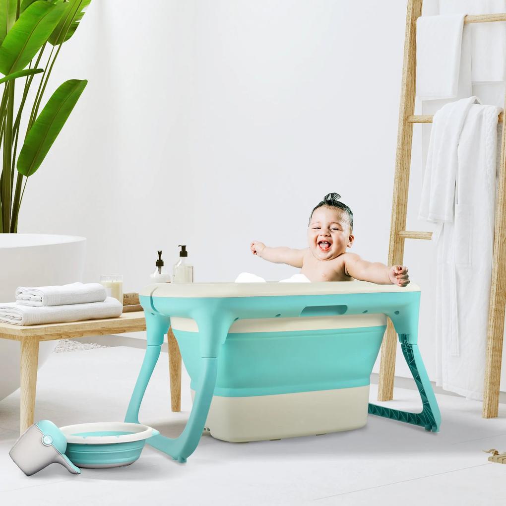 Banheira dobrável e portátil para bebê com recipiente para xampu bacia e banco 81,5x60x46,5 cm Verde
