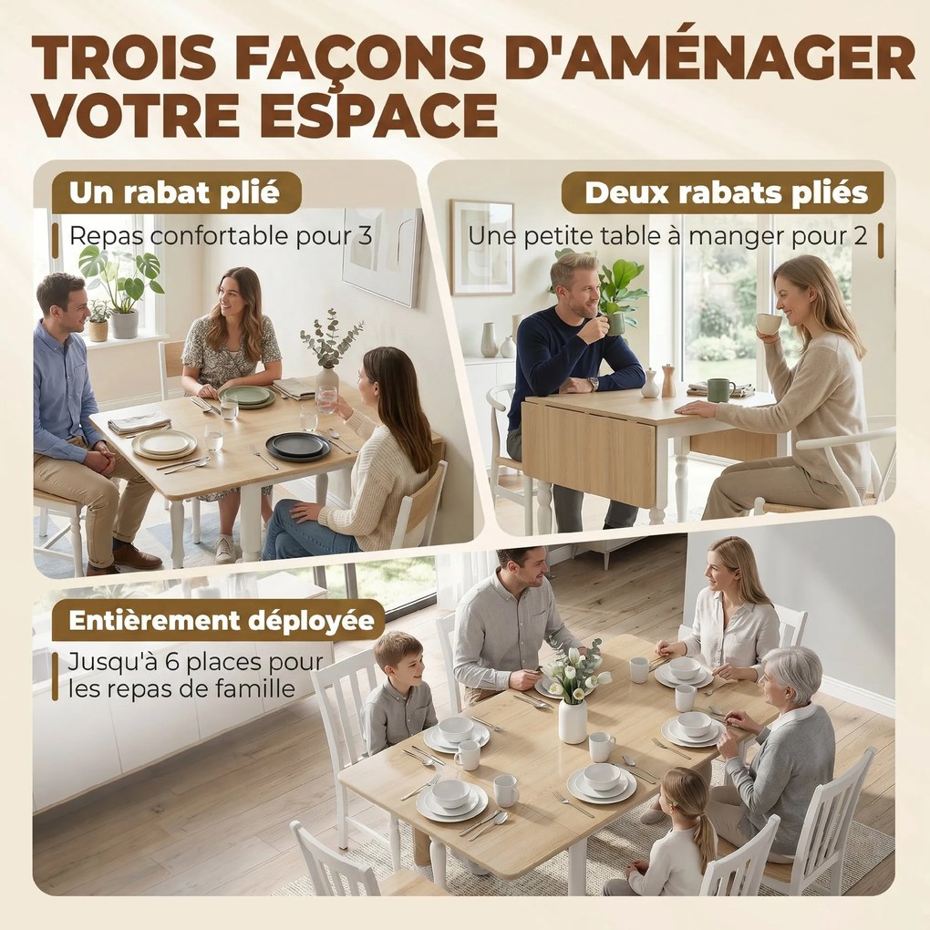 Mesa de jantar dobrável para 2 a 6 pessoas, 74-134 cm (CADEIRAS NÃO INCLUIDAS), mesa de cozinha com 2 abas, pés em aço, madeira natural
