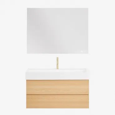 Conjunto De Móvel De Casa De Banho Suspenso Em Madeira E Folha De Freixo Com Lavatório Integrado Ona Madeira Natural & Retangular - Sklum