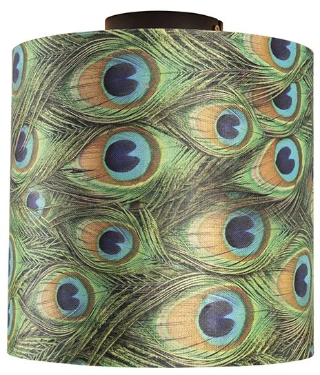 Candeeiro de teto com abajur de veludo azul-petróleo com dourado 25 cm - Combi Preto Clássico / Antigo