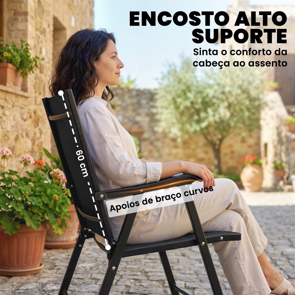 Conjunto de 4 Cadeiras de Jardim para Exterior Dobráveis com Encosto Alto e Apoios de Braços para Terraço e Praia 58x62x97 cm Preto
