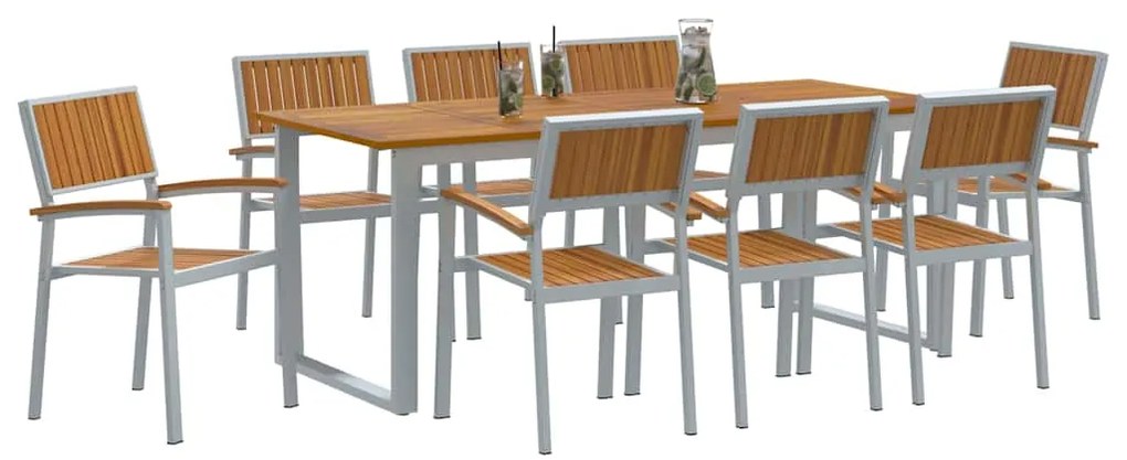 Conjunto de Jantar de Jardim de 9 Peças Cinza em Aço e Madeira de Acác
