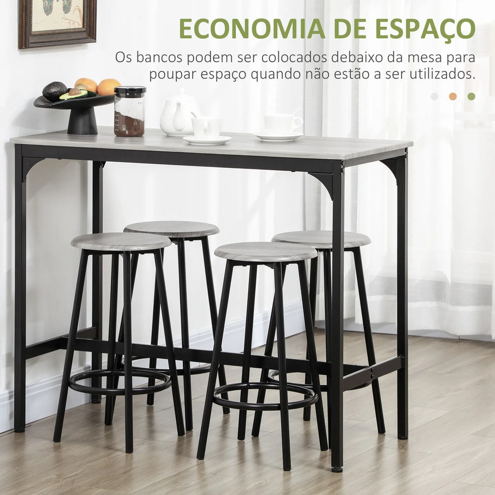 Conjunto de Móveis Altos de Bar com 5 Peças Mesa de Refeição Industrial e 4 Bancos Redondos Cinzento e Preto