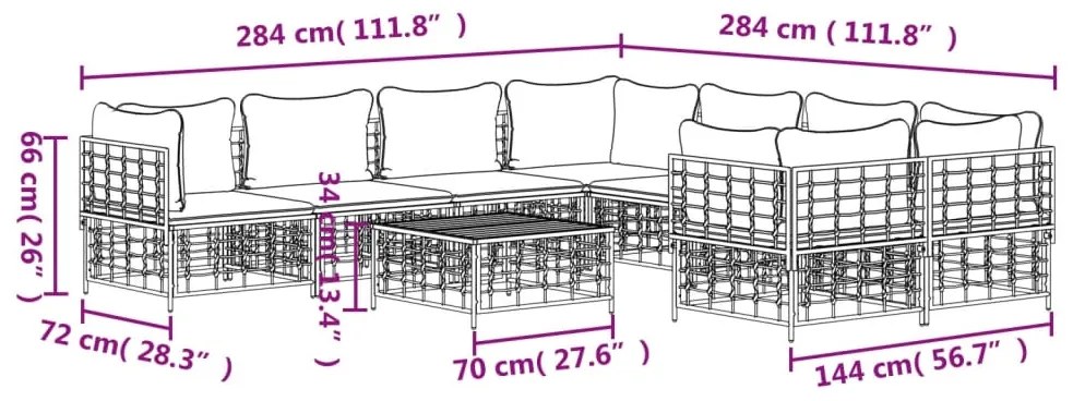 9 pcs conjunto lounge de jardim c/ almofadões vime PE antracite