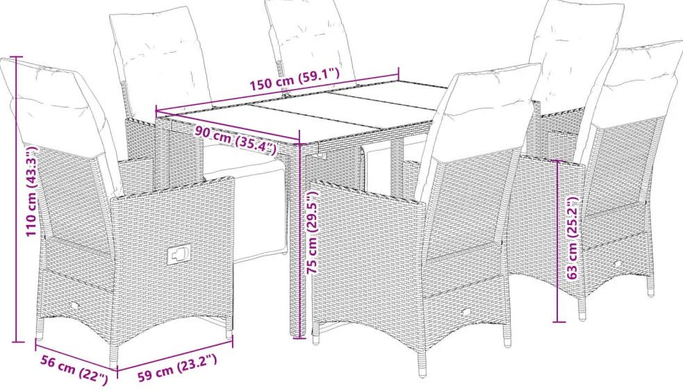 7 pcs conjunto bistrô de jardim c/ almofadões vime PE castanho