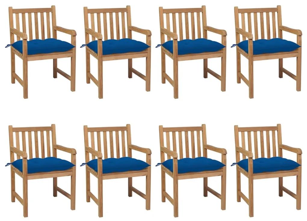 Cadeiras de jardim c/ almofadões azul 8 pcs teca maciça