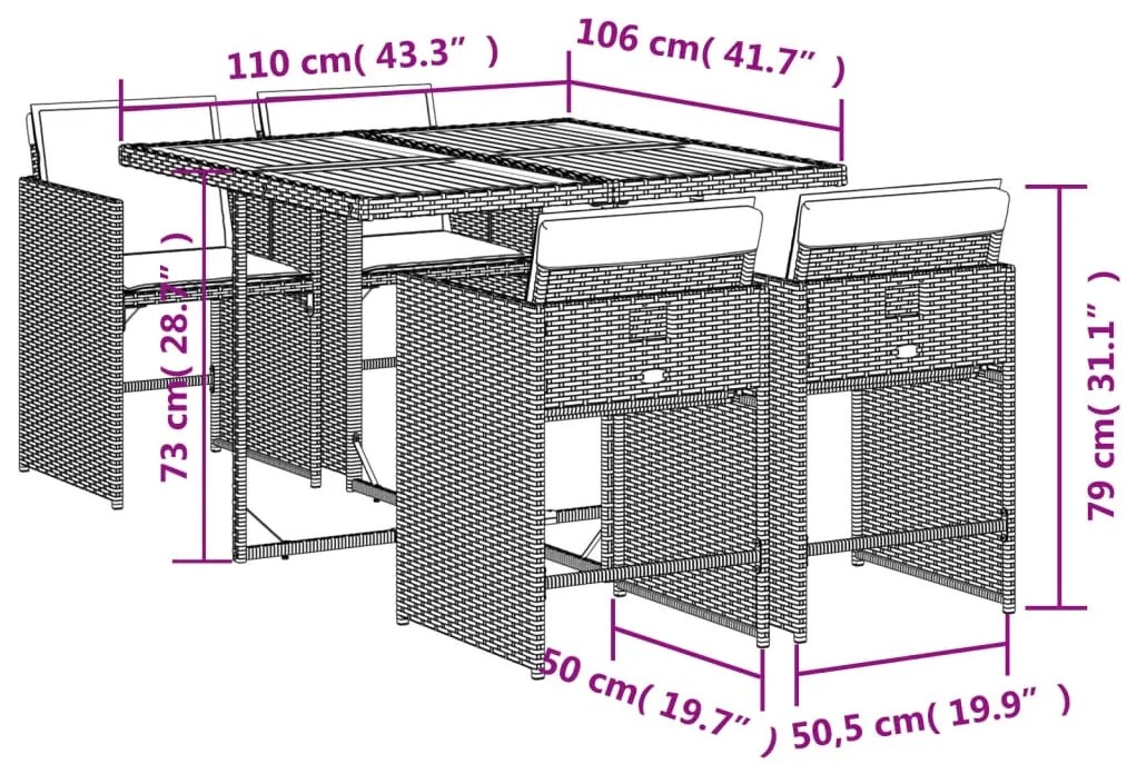 5 pcs conjunto de jantar p/ jardim com almofadões vime PE bege