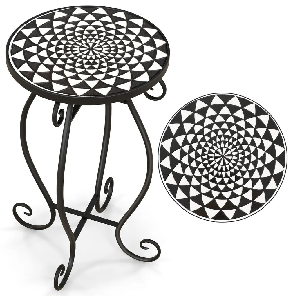 Mesa auxiliar de mosaico ao ar livre mesa redonda com suporte de planta superior de cerâmica para varanda pátio jardim 30 x 30 x 50 cm preto