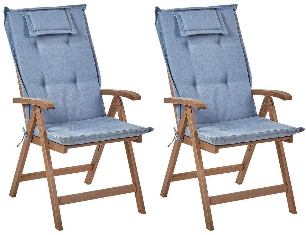 Conjunto 2 cadeiras de jardim em madeira escura de acácia com almofadas azuis AMANTEA Beliani