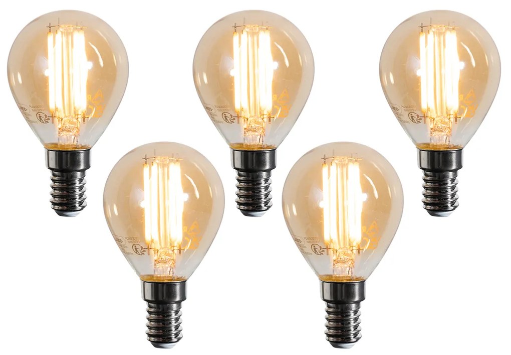 Conjunto de 5 lâmpadas LED E14 G45 douradas 2W 180 lm 2100K