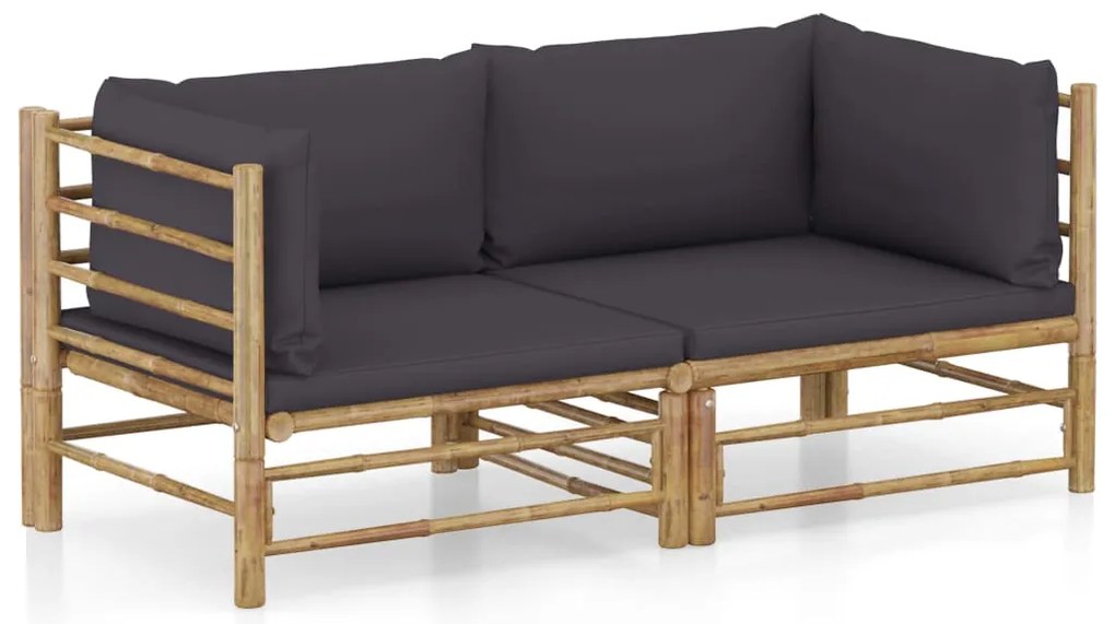 2pcs conj. lounge de jardim bambu c/ almofadões cinzento-escuro
