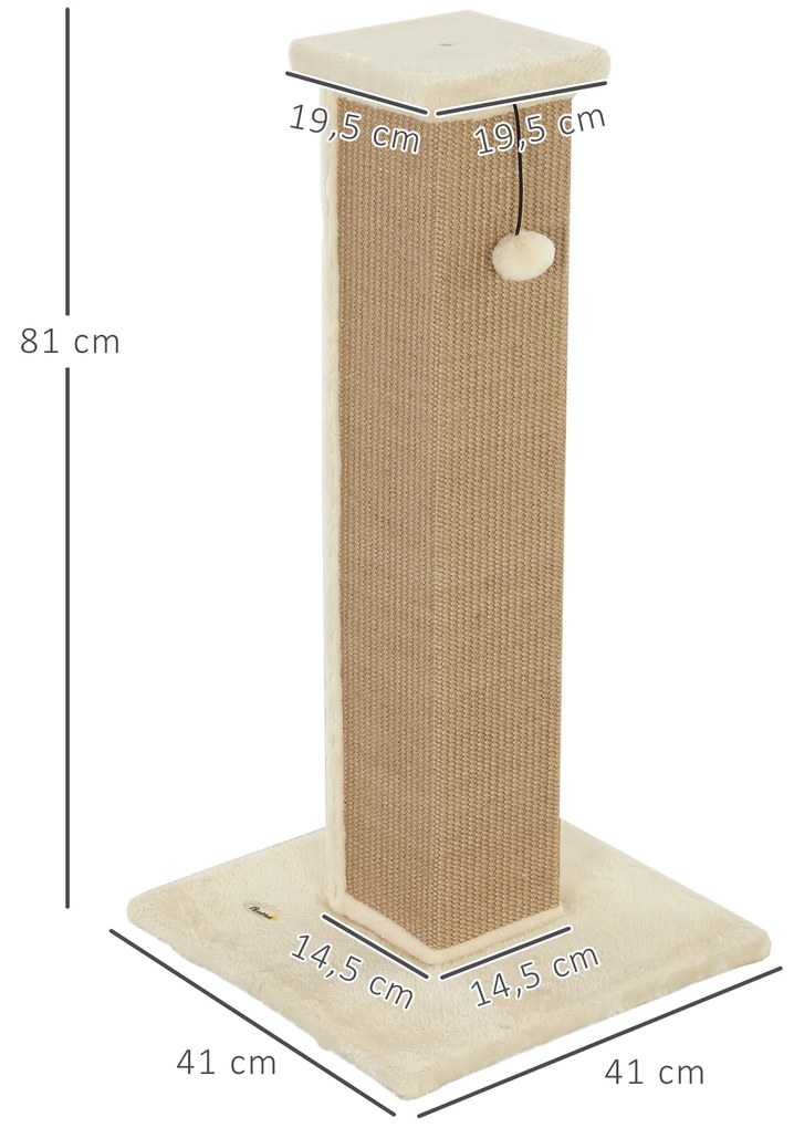 Poste Arranhador para Gatos Altura 81 cm Arranhador para Gatos com Poste de Sisal e Bola Suspensa 41x41x81 cm Bege