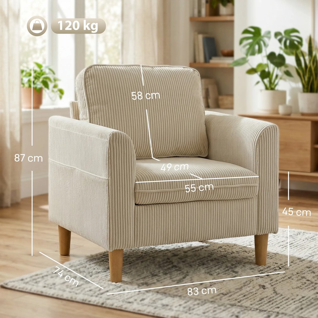 Poltrona de sala em veludo canelado 83 x 74 x 87 cm, sofá de 1 lugar estofado com assento largo e almofada com molas, bege