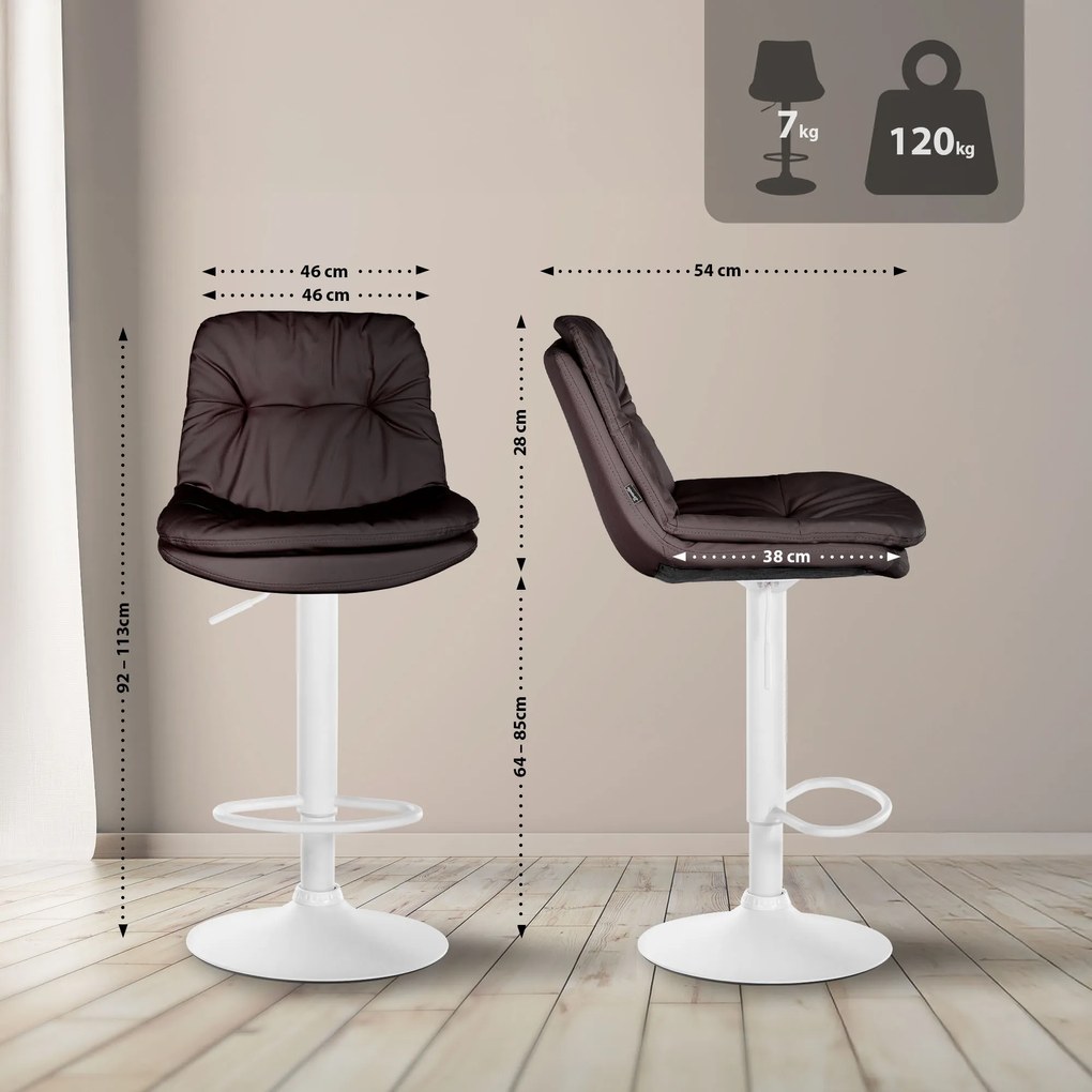 Banco de bar em couro sintético com estrutura branca 92-113 x 46 x 54 cm castanho
