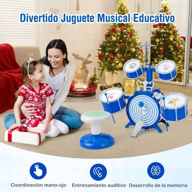 Conjunto de bateria infantil com 5 tambores jazz rock com bombo, 1 prato, 2 baquetas e 1 pedal para maiores de 3 anos. Azul